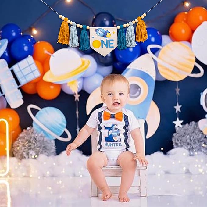 Gostman Outer Space ONE High Chair Banner - First Trip Around The Sun Birthday Party Decorations,Space Themed First Birthday Highchair Banner,Space Ship Sign Decor (outer space banner)