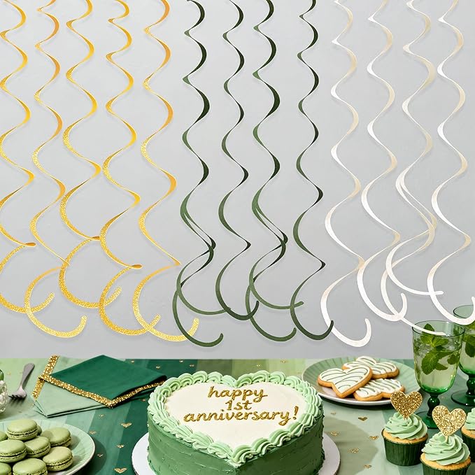 36Pcs Sage Green Gold Hanging Swirl Decorations Glitter Gold Olive Green Beige Felt Swirl Streamer Spiral Ceiling Garland for Wild One Jungle Woodland Safari Neutral Birthday Baby Shower Wedding Party