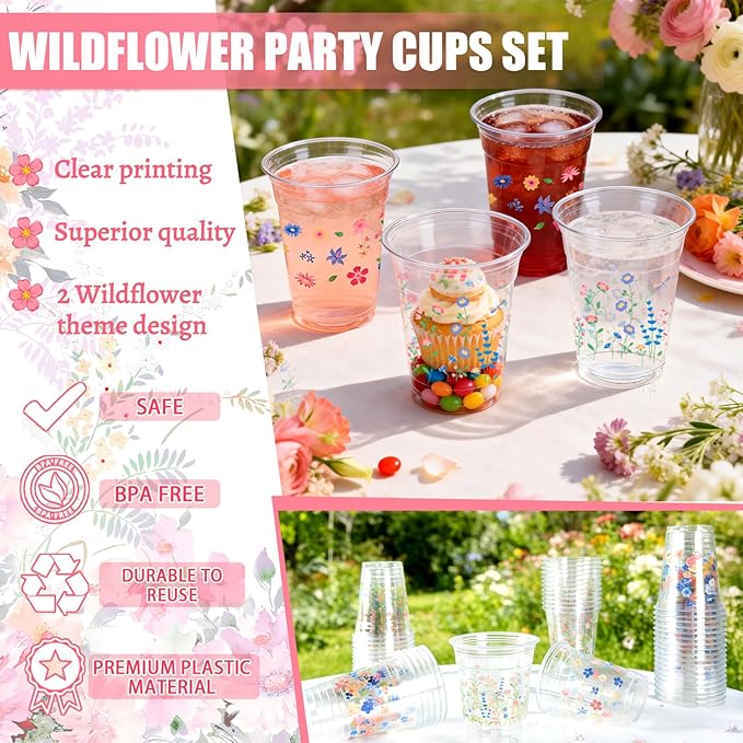 50pcs Wildflower Plastic Cups, 12 Oz Floral Clear Disposable Cups Bulk, Vintage Flower Plastic Drinking Cup for Spring Summer Party Favor Flower Birthday Wedding Party Supplies