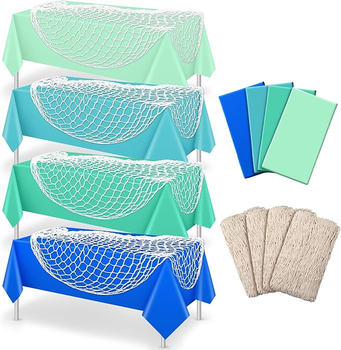 Unittype 8 Pcs Fish Net Decorative and Tablecloth Set, Cotton Fishnet and Plastic Table Cover Decorations Set for Nautical Themed Party Baby Shower Pirate Decorations Mermaid Party (Coastal Colors)
