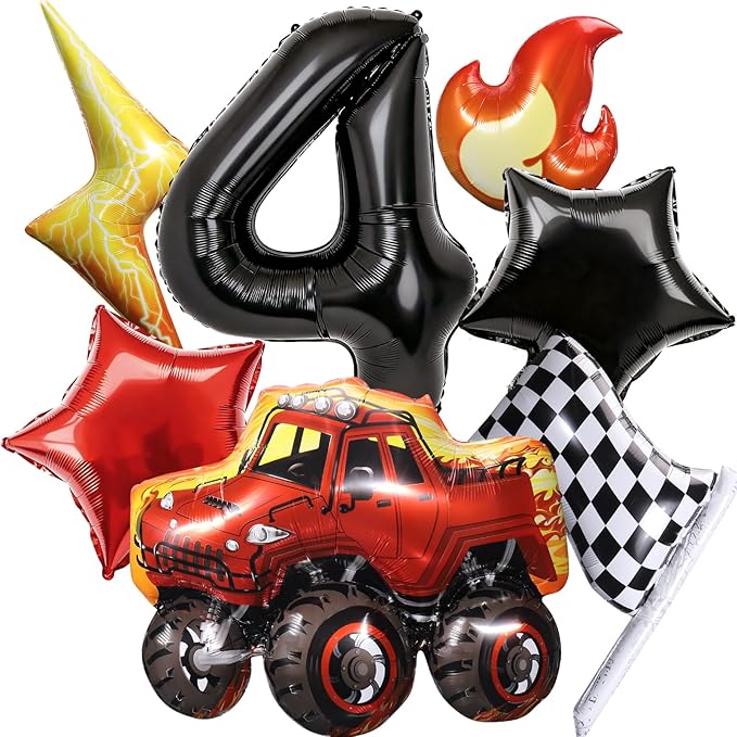 Truck Number 4 Balloons, Huge Truck Flags Lightning Flame Stars Aluminum Foil Balloons for 4th Birthday, Race Car Theme Party Decorations Supplies