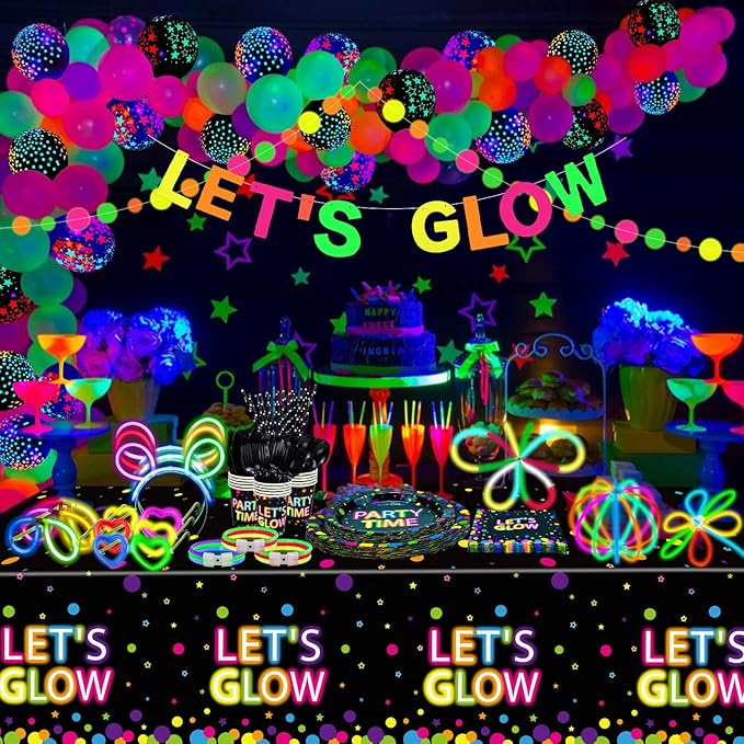 458 Pcs Glow Party Supplies - Include Balloons, Banner, Glow Sticks, Tableware and Tablecloths for Neon Party Decorations, Serves 20