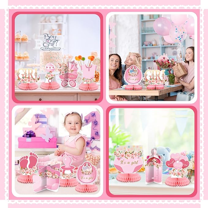 Pickmesh 12 Pcs Pink Baby Shower Decorations Honeycomb Centerpieces for Girls Floral It's a Girl Gender Reveal Table Centerpiece Party Supplies Baby Girl Pregnancy Announcement Table Topper