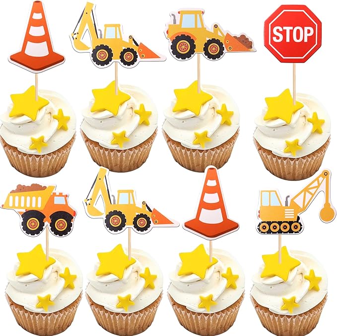 36 Pack Construction Cupcake Toppers Dump Truck Excavator Tractor Party Stop Sign Cupcake Picks Kids Birthday Construction Theme Baby Shower Party Cake Decorations Supplies