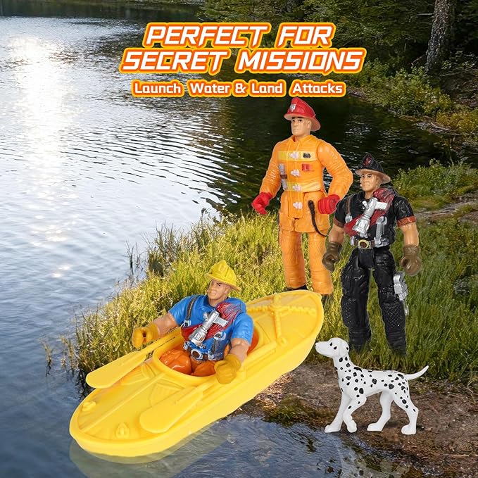 Kids Firefighter Action Figures Playset, Fireman Figures Toys with Tools, Red Fire Trucks, Army Vehicles, Helicopter, Soldiers Accessories, Play Mat, Birthday Gift for Boys
