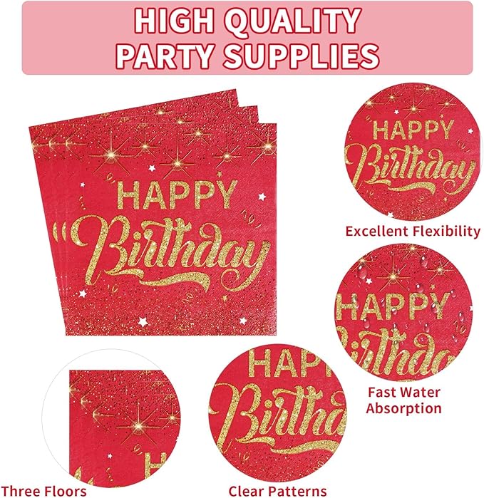 Grencian 96PCS Red and Gold Happy Birthday Decorations Red Gold Party Plates and Napkins Disposable Paper Tableware Set for Birthday Chinese New Year Wedding Party Supplies, Serves 24