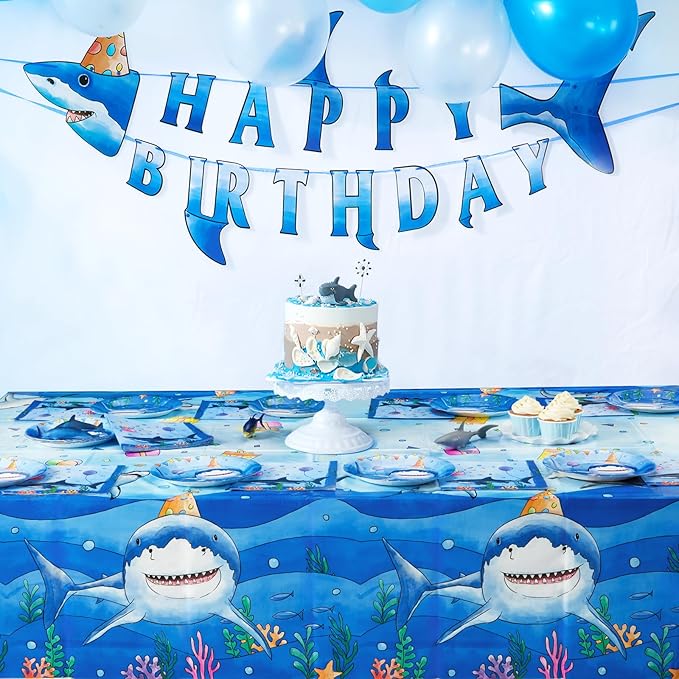WERNNSAI Shark Birthday Party Decorations - 33 PCS Shark Plates Napkins and Tablecloth Under The Sea Birthday Decorations for Kids Boys Summer Pool Ocean Theme Party Favors Serve 16 Guests