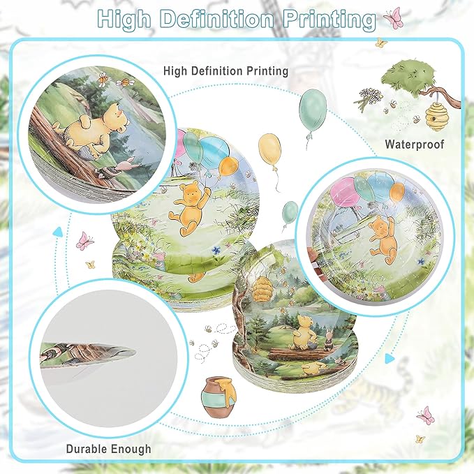 175Pcs Winnie Bear Baby Shower Decorations, Winnie Party Supplies Plates Napkins Cups Set Classic the Pooh Decoration for Kids Boys Girls Newborn Birthday Party Serves 25 Guests