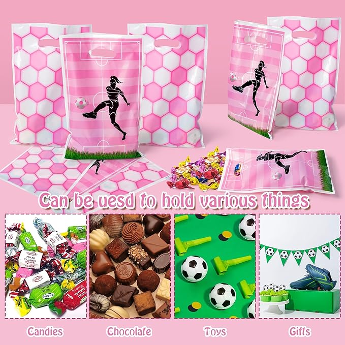 Soccer Party Favor Bags - 50Pcs Pink Football Goody Candy Treat Gift Bags, Sport Themed Party Decorations for Adult Kid Boy Girl Birthday Outdoor Sports Team Games Events Holiday Supplies