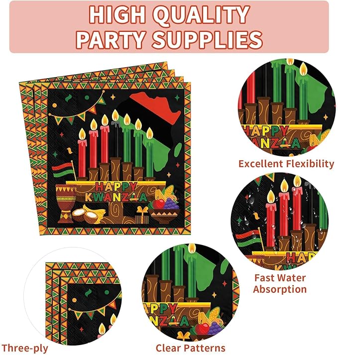 200 Pcs Kwanzaa Party Decorations Africans American Traditional Festival Paper Plates and Napkins Happy Kwanzaa Tableware Set for African Heritage Holiday Party Decorations Serves 50