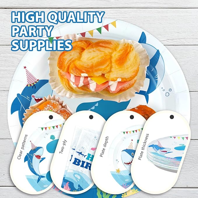 96Pcs Shark 3rd Birthday Party Supplies Blue Ocean Shark Plates and Napkins Under The Sea Tableware Set for Kids 3 Years Old Blue Ocean Theme Birthday Party Supplies，Serves 24