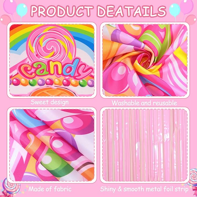 Crenics Candyland Party Decorations, 3Pcs Candyland Door Covers with Foil Fringe Curtain for Kids Candy Land Party Supplies
