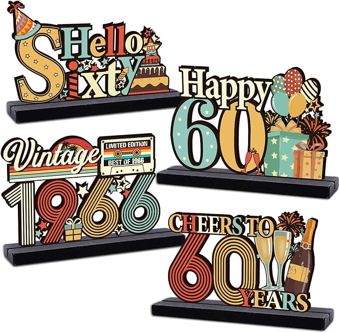 60th Birthday Decorations for Men Women - Colorful Vintage 1966 Sixty Birthday Wooden Centerpieces Table Decor, Cheers to 60 Years Old Bday Table Topper Sign Party Supplies