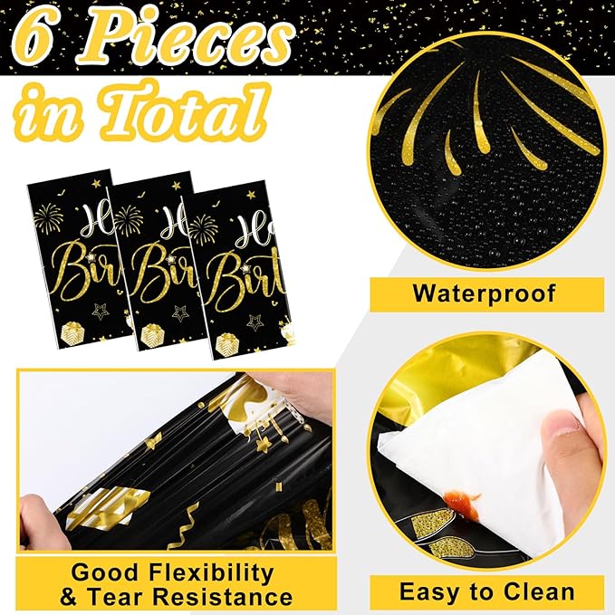 Tudomro 6 Pcs Happy Birthday Tablecloths Happy Birthday Party Decorations Plastic Table Cover Rectangular Cloths for Women Men Baby Shower Party Supplies, 108 x 54 Inch (Black Gold)