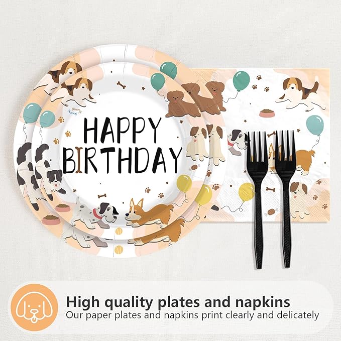 96Pcs Dog Theme 2nd Birthday Party Supplies puppy paw print Plates and Napkins Happy Birthday Tableware Set for Puppy 2 Year Old Kids Pet Lovers Animal Party Supplies Serves 24