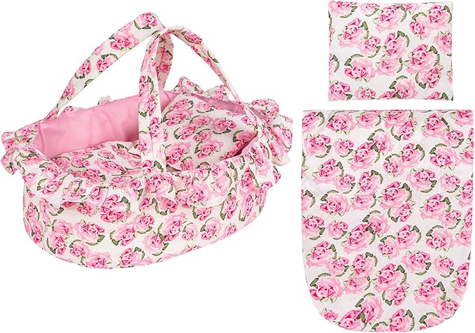 Doll Carry Cot Set, Soft 3PC Set Includes Cot, Mattress and Pillow, Pink Flower Doll Bassinet, Fits for 10-12 Inch American Girl Dolls