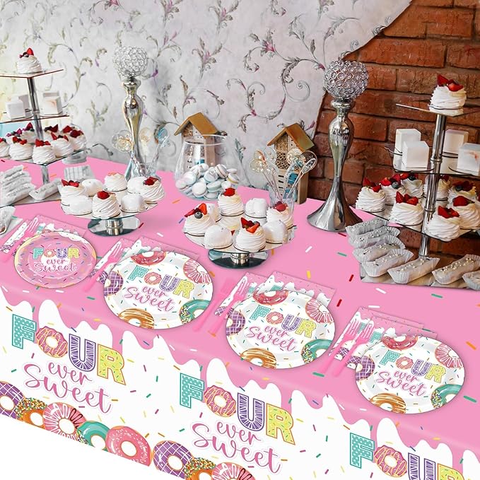 98 Pieces Four Sweet Donut Birthday Party Supplies for 24 Guests Girls Donut Tableware Set Baby Girl 4th Birthday Donut Plates and Napkins Tablecloth Party Decorations Dinnerware Party Favors
