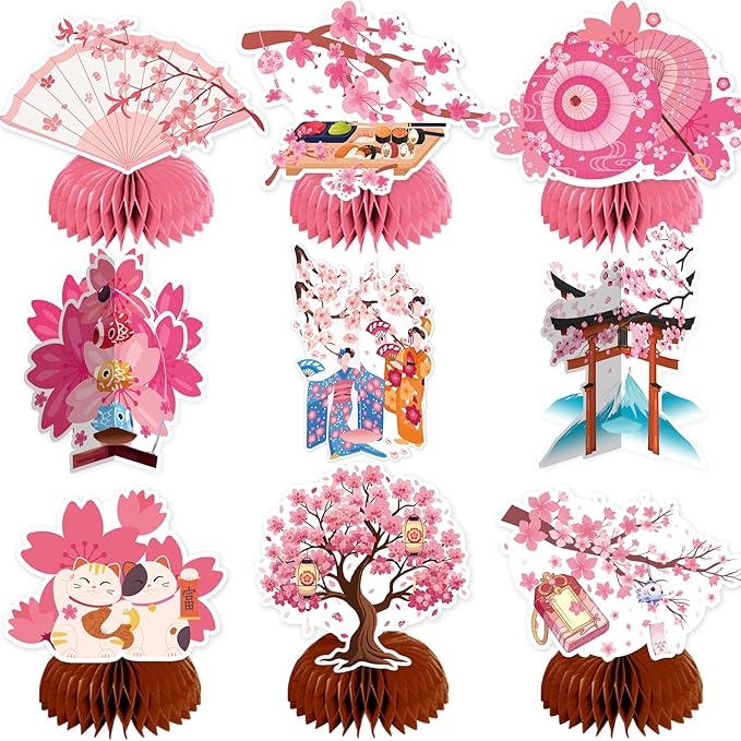 9 PCS Cherry Blossom Honeycomb Centerpieces for Table Decor, Cherry Blossom Table Decorations Table Toppers for Japanese Cherry Blossom Party Decorations Cherry Blossom Birthday Party Supplies