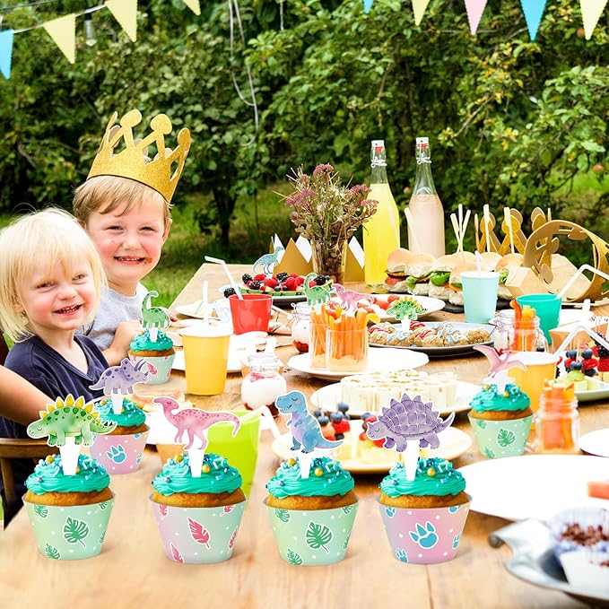 48 Pack Watercolor Dinosaur Cupcake Toppers and Wrappers, Colorful Dinosaur Party Cake Decoration for Dino Theme Birthday Party Baby Shower Supplies