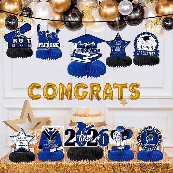 10PCS Graduation Party Decorations Class of 2026 Congrats Grad Table Centerpieces Congratulate Graduation Honeycomb Table Toppers for Graduation Party Supplies(Blue Black)