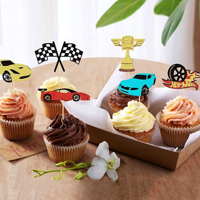 24PCS Race Car Cupcake Toppers Sparkling Trophy Flag Racing Cake Selected Racing Theme, Car Theme Party Supplies Baby Shower Boy Birthday Party Cake Decoration Supplies