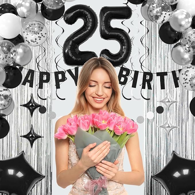 25th Birthday Decorations for Boys Girls, Silvery and Black Happy 25th Birthday Banner,Number 25 Balloons Arch Kit for 25 year old Birthday Party Decorations