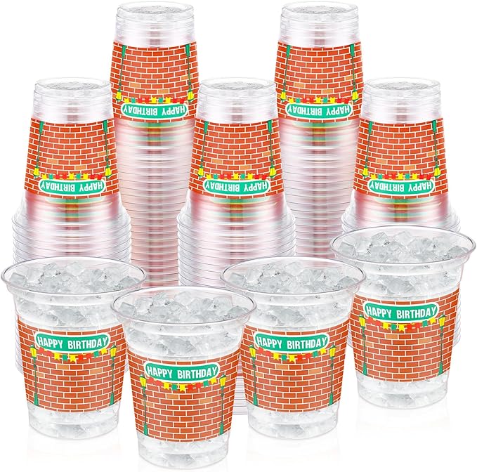 CHENGU 50 Pcs Cartoon Happy Birthday Party Supplies for Street Red Brick Disposable Cup for Street Theme Birthday Party Baby Shower Favors