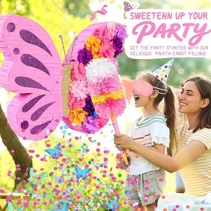 27" Extra Large Butterfly Pinata with Stick and Blindfold for Themed Party Decoration, Spring Party Supplies