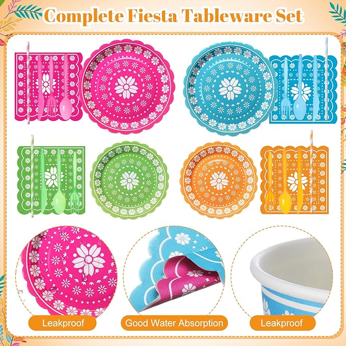 450 Pcs Fiesta Tableware Set Decorations Cinco De Mayo Paper Plates Mexican Colorful Papel Picado Disposable Napkins Cups Cutlery Straws for Taco Carnival Birthday Party Supplies, Serves 50