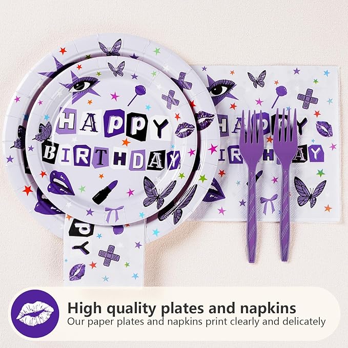 Grencian 96Pcs Purple Music Birthday Party Decorations for Girls Purple Birthday Plates and Napkins Disposable Paper Tableware Set for Vocalist Music Tour Concert Fans Gathering, Serves 24