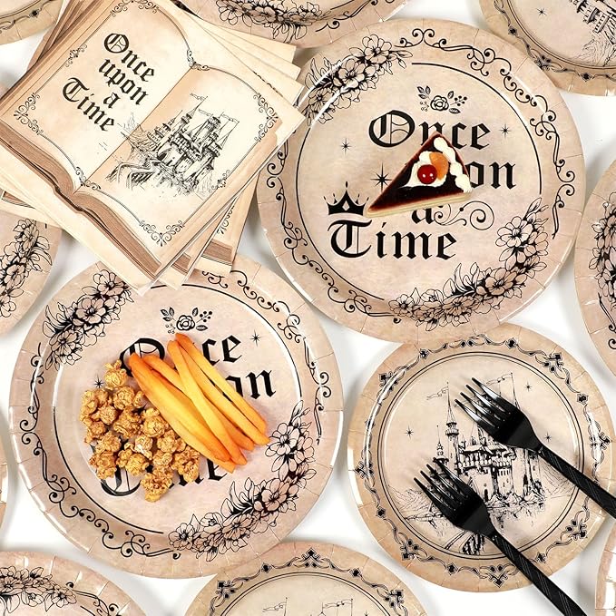 Fairytale Plates and Napkins Once Upon a Time Tableware Set Girl Princess Plates Old Opening Book Dinnerware Floral Castle Plate for Birthday Party Wedding Baby Shower Decoration Supplies Serve 24