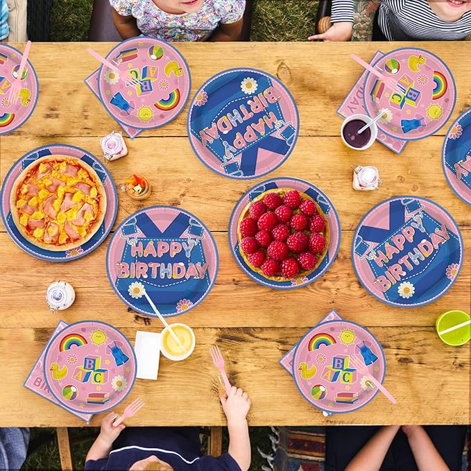 96Pcs Girls Birthday Party Decorations Pink Cartoon Teaching Plates and Napkins Cartoon English Teacher Theme Tableware Set for Girl Birthday Baby Shower Party Supplies，Serves 24
