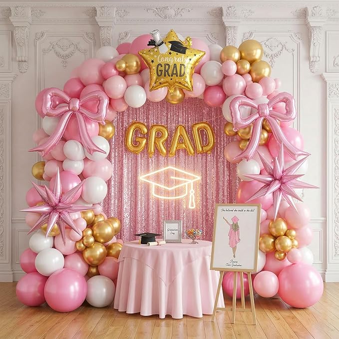 Pink and White Gold Grad Balloon garland arch kit 140pcs With Large Gold pink Star Bow balloons for 2025 graduations decorations Prom girl's birthday party supplies