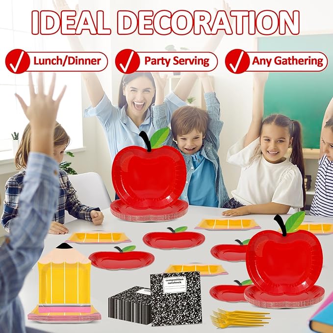 96 Pcs Back to School Tableware Set First Day of School Party Supplies Red Apple Pencil Paper Plates Composition Notebook Napkins Classroom Decoration for Kindergarten Preschool Teacher Party Serve 24