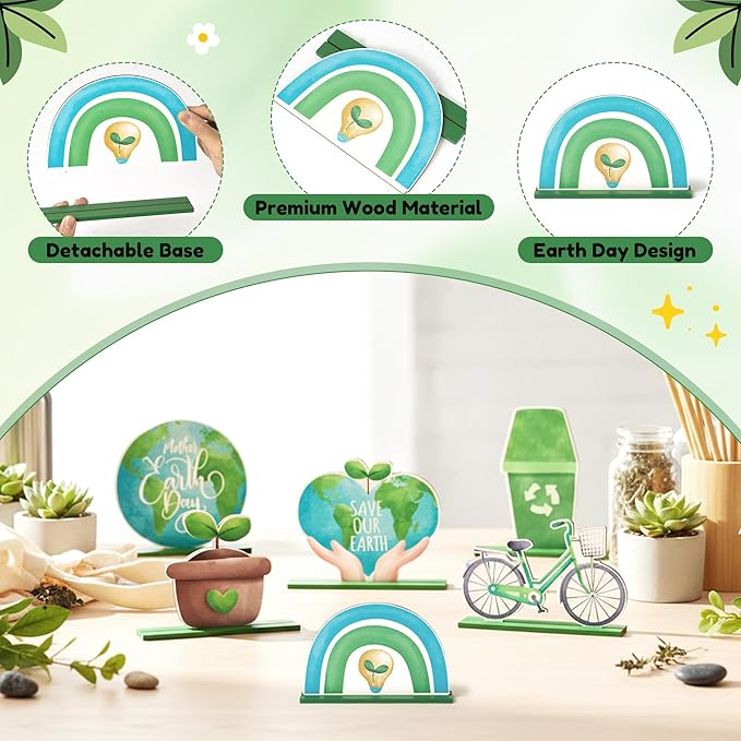 6Pcs Earth Day Wooden Centerpieces Decoration, Watercolor Environmental Protection Wood Tiered Tray Centerpieces, Green Table Topper Decor Happy Earth Day Supplies for Home Office Desk Shelf