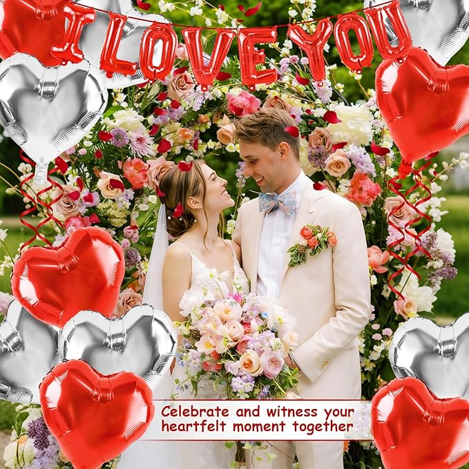 Happy Anniversary Balloon Kit Red and Silver I Love You Balloons Kit 18pcs Red Heart Foil Balloons Valentines Day Balloons Set Happy Anniversary Balloon Decorations for Wedding Bridal Shower