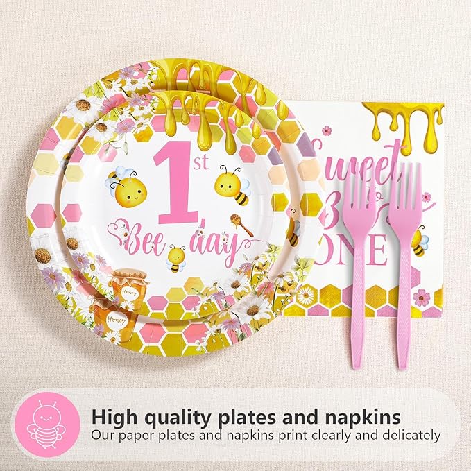 96Pcs Pink Bee 1st Birthday Party Supplies Honey First Bee Girls Baby Shower Plates and Napkins Tableware Sets So Sweet to Bee One Birthday Party Decorations for One Year Old Party Favors,Serves 24