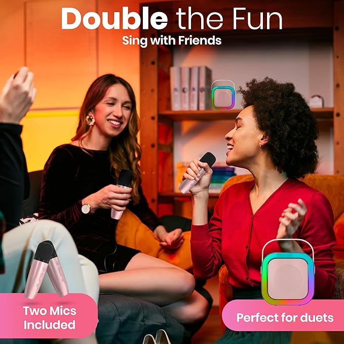 Mini Karaoke Machine for Kids Adults Teen with 2 Wireless Microphones, Gifts for Girl, Toys for Girls 6-8, Small Portable Bluetooth Speaker, Microphone, Car Singing Mic, Kareoke, Toddler Gift