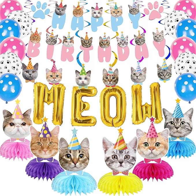 Cat Birthday Party Supplies Party Decorations Includes 1 Birthday Banner, 6 Honeycomb Centerpieces, 6 Hanging Swirls with 6 Cat Cutouts, MEOW Letter Balloons and 12 Balloons