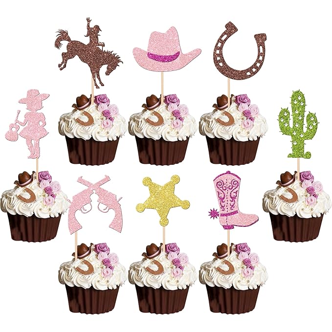 32 PCS Cowgirl Cupcake Toppers Glitter HorseShoe Cactus Star Gun Cupcake Picks Cowgirl Hats Boots Cupcake Decorations for Western Theme Baby Shower Girls Birthday Party Cake Decorations Supplies