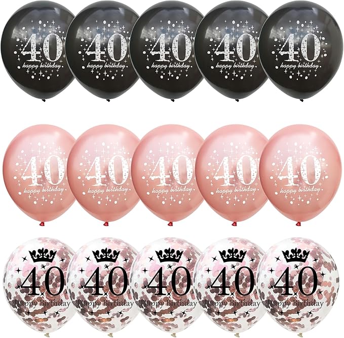 Black Rose Gold Happy 40th Birthday Balloons, 15 Pieces 40th Birthday Decorations for Women, 40th Latex Helium Balloons for Her Age 40 Years Old 40th Birthday Party Decor Celebration Supplies