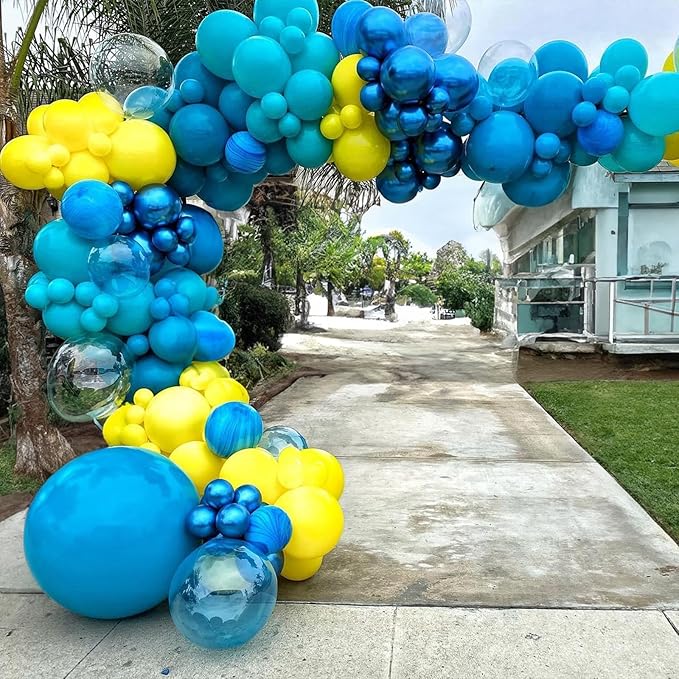 Yellow Blue Clear Balloons 12 Inch 60 Pcs Blue Cartoon Balloon Teal Blue and Yellow Party Latex Balloons Transparent for Kids Birthday Ocean Baby Shower Party Decorations