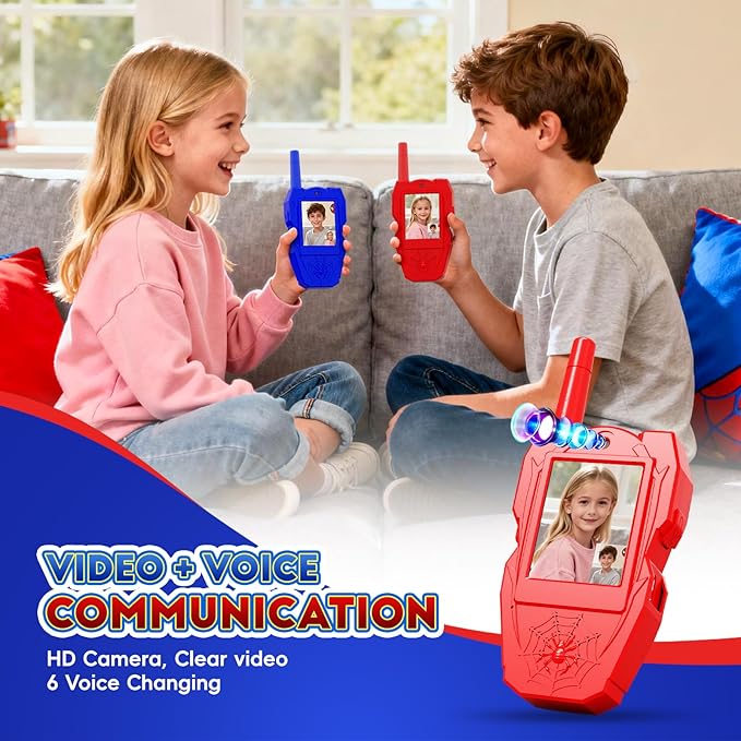 Video Walkie Talkies for Kids, 2 Pack Rechargeable Kids Walkie Talkies with Screen & 5 Voice Changer, Long Range Indoor Outdoor Toys for 3-12 Year Old Boys Girls, Easter Birthday Gifts, Spider