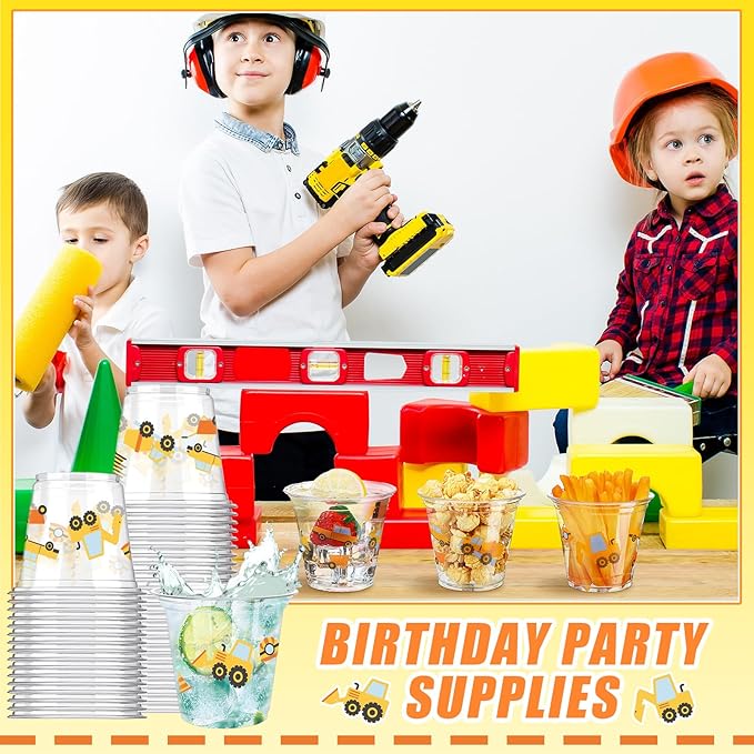 50 Pcs Construction Theme Birthday Party Supplies 9oz Construction Cups Bulk Plastic Disposable Dump Truck Cups Snack Bowls for Ice Cream Holiday Favors