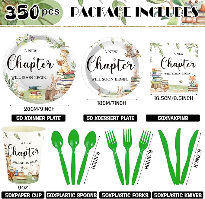 Dandat 350 Pcs Baby Shower Plates Set Baby Shower Party Supplies Serves 50 Tableware Sets Include Plates Napkin Cup Forks Knives Spoons Disposable Dinnerware(Storybook,Green)