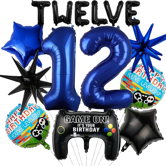 15pcs Video Game Themed Party Decorations, Number 12th Boys Birthday Party Supplies, Navy Blue Video Game Controller Mylar Foil Balloon, Video Game Party Decoration Supplies