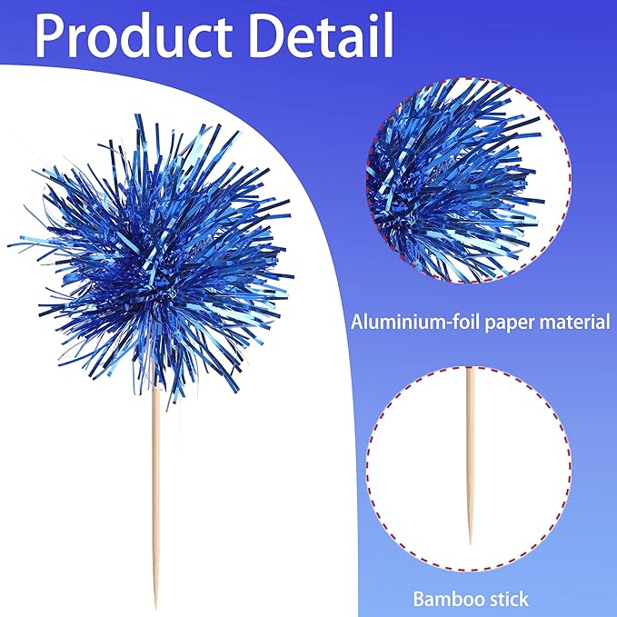 40 PCS Foil Firework Cupcake Toppers Sparkle Tinsel Cupcakae Picks Sparkler Fireworks Party Decorations Cocktail Fruit Toothpick for Birthday Wedding Graduation Party Decorations Supplies Dark Blue