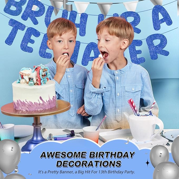 Fulmoon Pre Strung Bruh Ur a Teenager Glitter Banner 13th Birthday Banner Decorations for 13 Year Old Teen Birthday Party Favors Supplies for Boy Girl(Navy Blue)