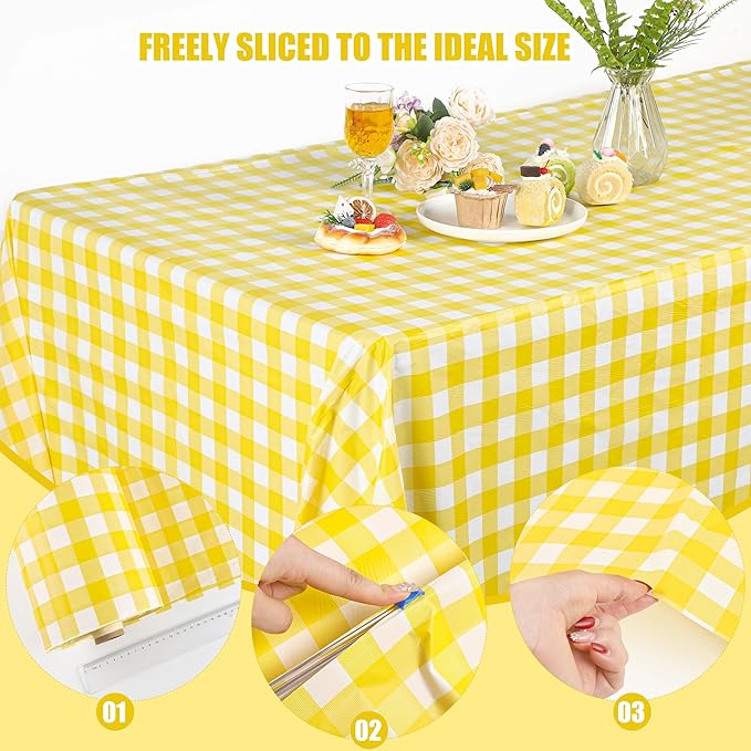 Kochorie 54 Inch x 300 Ft Light Yellow Checkered Plastic Table Cloth Roll Disposable Waterproof Table Cover Plastic Table Cover Roll with Easy Slide Cutter for Outdoor Picnic/Home Dining/Spring Party