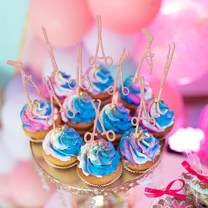 24 PCS Surgical Tool Cupcake Toppers Glitter Surgeon Party Cupcake Picks Surgical Doctor Graduation Cake Decorations for Sterile Processing Tech Tool Theme Birthday Party Supplies Rose Gold